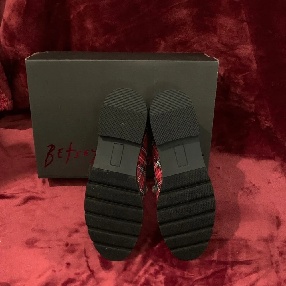 Betsey Johnson Harloe Embellished Low Heel Loafers in Red Plaid - Picture 3 of 4